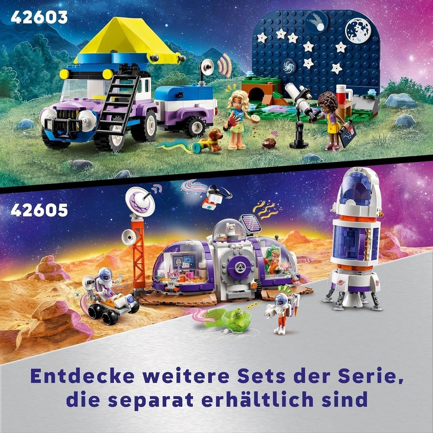 Stavebnice LEGO Friends Stargazer Camping Vehicle s terénním vozidlem a dalekohledem, dárek pro dívky a chlapce od 7 let, obsahuje figurky na hraní Nova, Aliya a pes 42603 Stavebnice Besuche den LEGO-Store