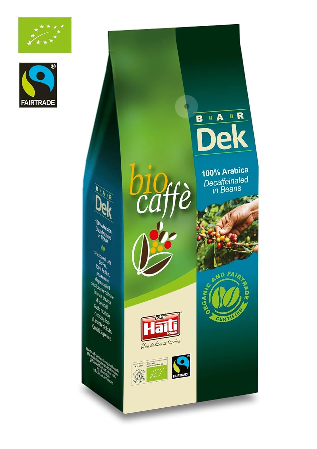 Caffè Haiti Roma bio bezkofeinová zrnková káva, 100% Arabica, certifikace Fairtrade, bio kvalita, balení 2 x 500g