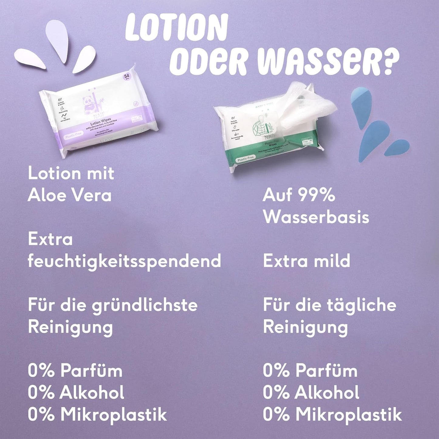 Naïf - Vlhčené ubrousky bez plastů - 162 kusů (3 balení po 54 ubrouscích) - Péče o dětský zadeček, tělo a obličej - 99% voda - 0% vůně a alkohol