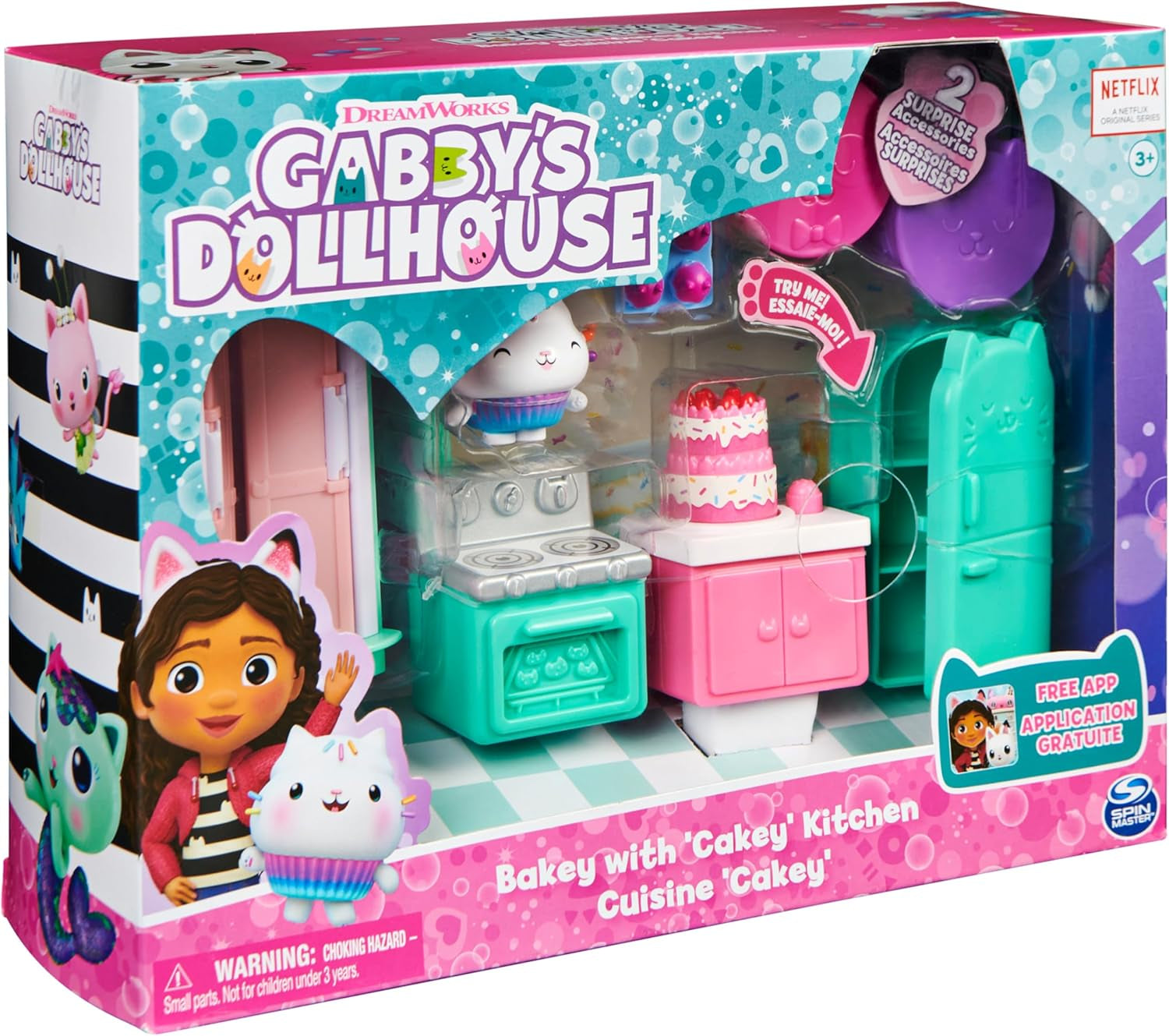 DOMEČEK PRO PANENKY GABBY'S DREAMWORKS - Pokoj Deluxe, Cukrárna Cakey, Kuchyňka Kuchi (rumunsky Cakey), 3 kusy nábytku a 2 krabice s překvapením s příslušenstvím, vhodné pro děti od 3 let