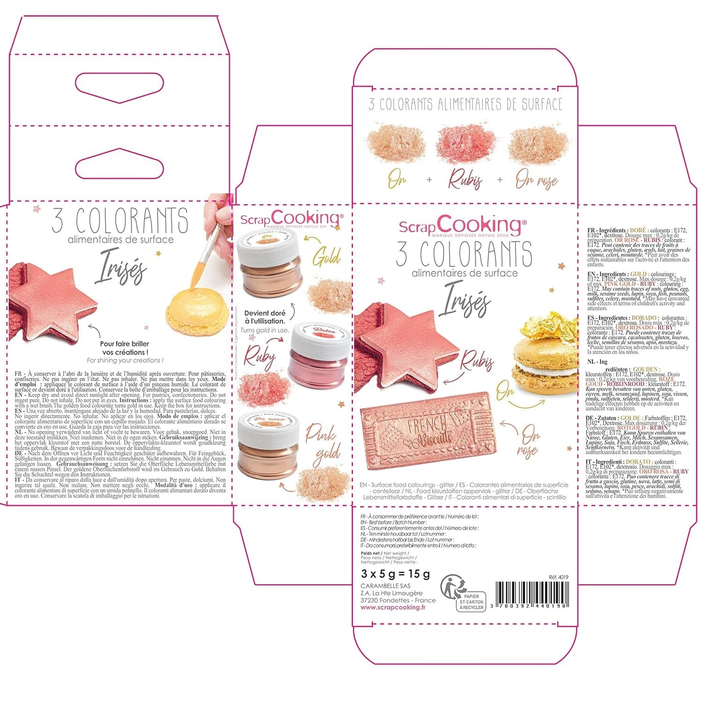 Scrapcooking - Sada 3 kovových potravinářských barviv - Potravinářské barvivo: zlaté, růžové zlato a rubínové - Jedlé potravinářské barvivo na pečení, dorty, sušenky, dorty, čokoláda - 4019