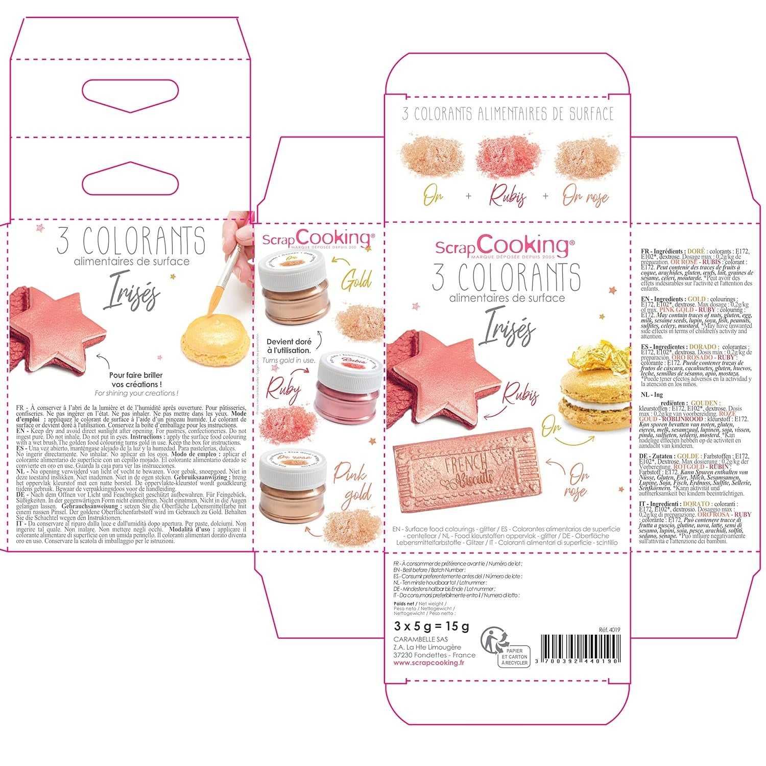 Scrapcooking - Sada 3 kovových potravinářských barviv - Potravinářské barvivo: zlaté, růžové zlato a rubínové - Jedlé potravinářské barvivo na pečení, dorty, sušenky, dorty, čokoláda - 4019