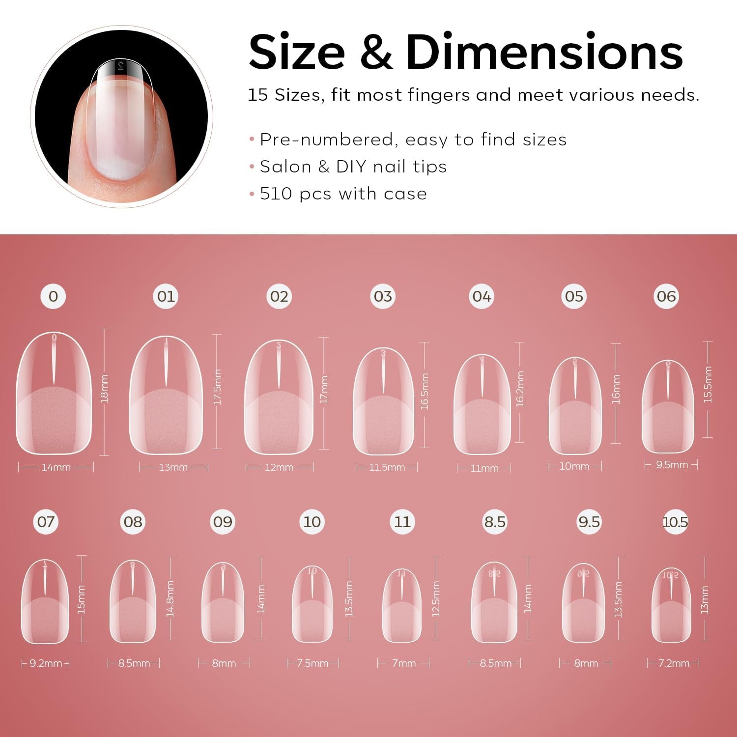 Modelones Nail Tips 510 kusů – sada nehtových špiček s úplným krytem, ​​sada gelových špiček, předleštění špiček na nehty s PMMA pryskyřicí, umělé nehty pro lepení nail art DIY, krátký squoval