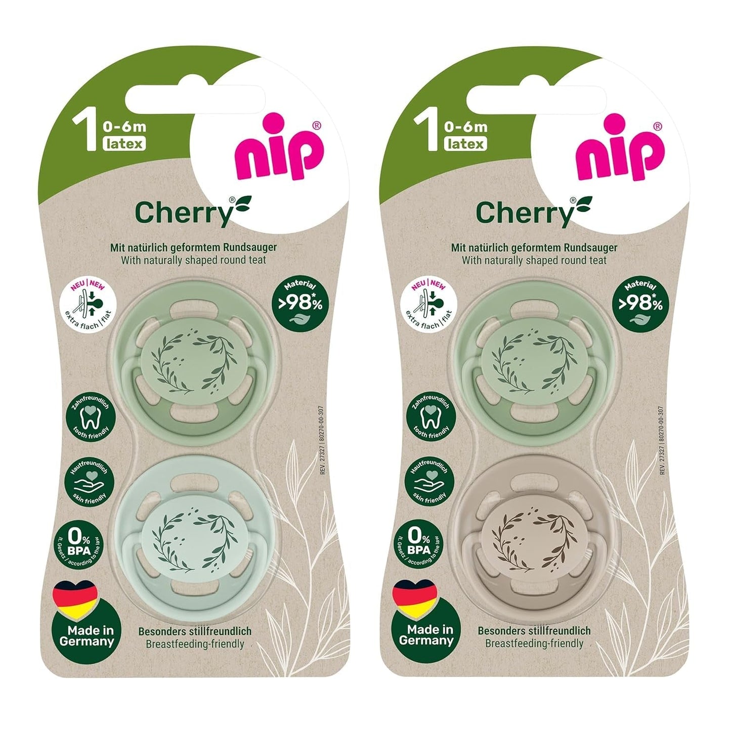 nip - Cherry Green | 0-6 měsíců | Balení 4 ks | Dětský dudlík, vhodný pro kojení a prořezávání zoubků. Udržitelný dudlík, vyrobený z přírodních surovin, světle zelená/hnědá