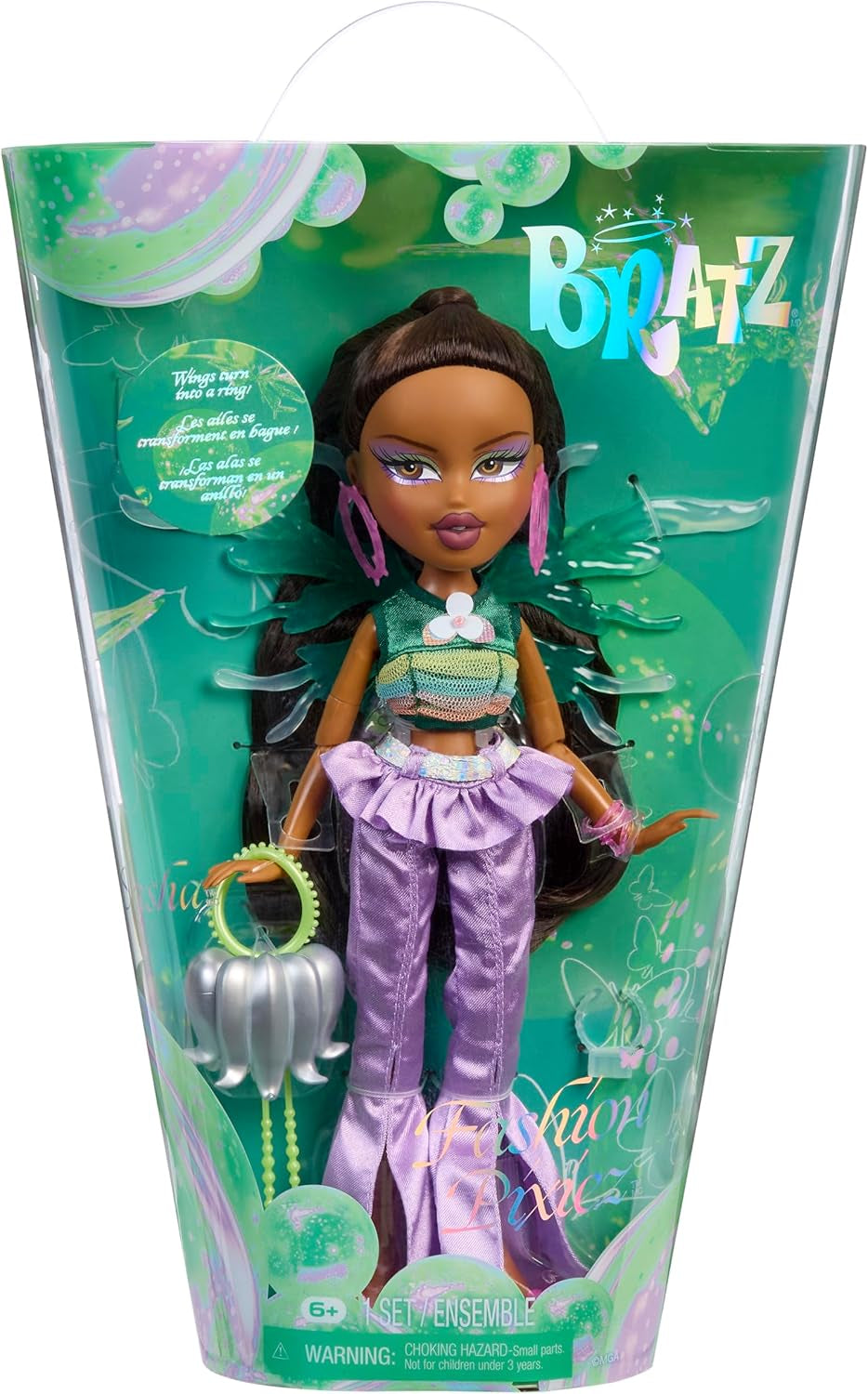 Bratz Fashion Pixiez Sasha Doll - Fantastická sběratelská panenka se skutečnou módou a doplňky, křídly, které se promění v prsten