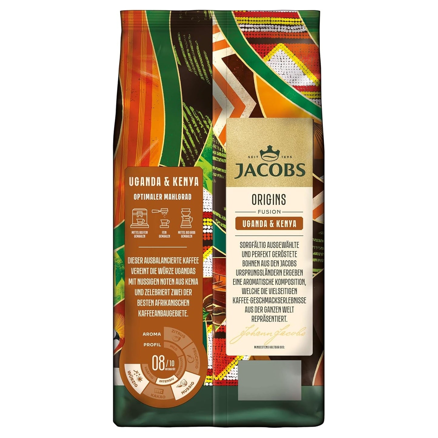 Zrnková káva Jacobs Origins Uganda a Keňa, plné espresso s kořenitým tónem, síla 8/10, celá zrnková káva, 1 kg