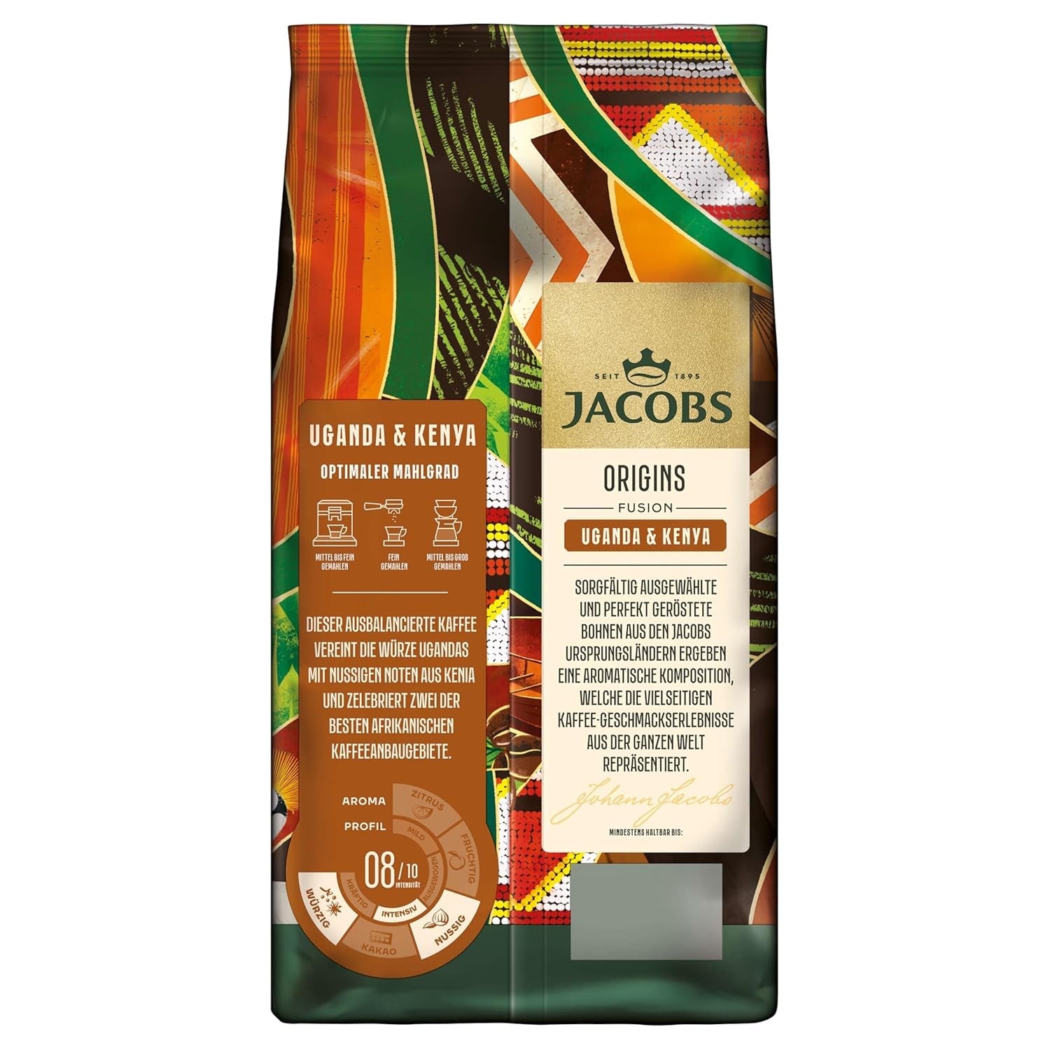 Zrnková káva Jacobs Origins Uganda a Keňa, plné espresso s kořenitým tónem, síla 8/10, celá zrnková káva, 1 kg