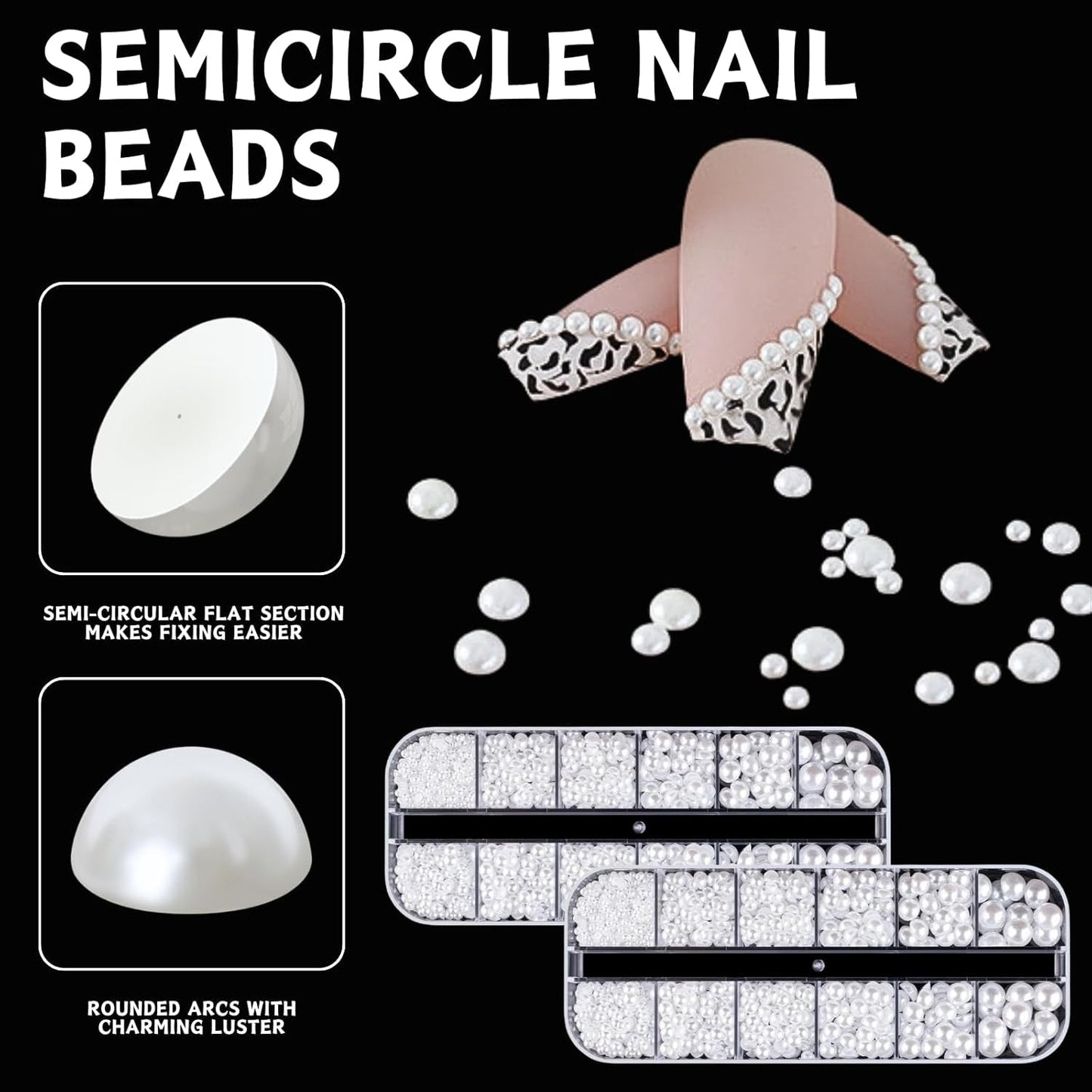 12 Größen Nail Art Perlen, Flache Perlen, Nail Art Accessoires, Halbkreis Nagelperlen, Weiße Nail Charms Und Glitzersteine ​​​​Nägel Für Nail Art Design, DIY Basteln, Alltag, Hochzeit (2 krabičky)