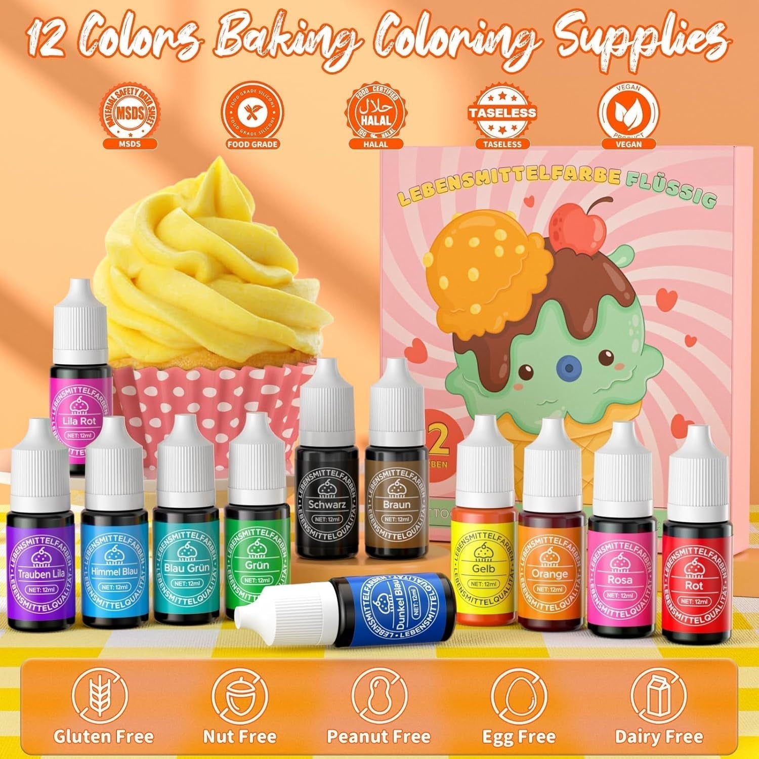 Sada tekutých potravinářských barviv 12 x 12 ml Naty Shop