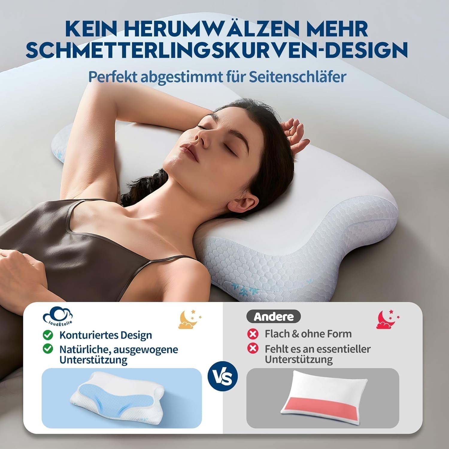 Cloudétoile Neck Polštář Paměťový pěnový polštář - Ergonomický ortopedický polštář 2 v 1 Visco Foam Polštář Boční spánek Polštář s podporou krku Výškově nastavitelná paměťová pěna Polštář Bílá 64X38X12cm Krční ortopedické polštáře Naty Shop