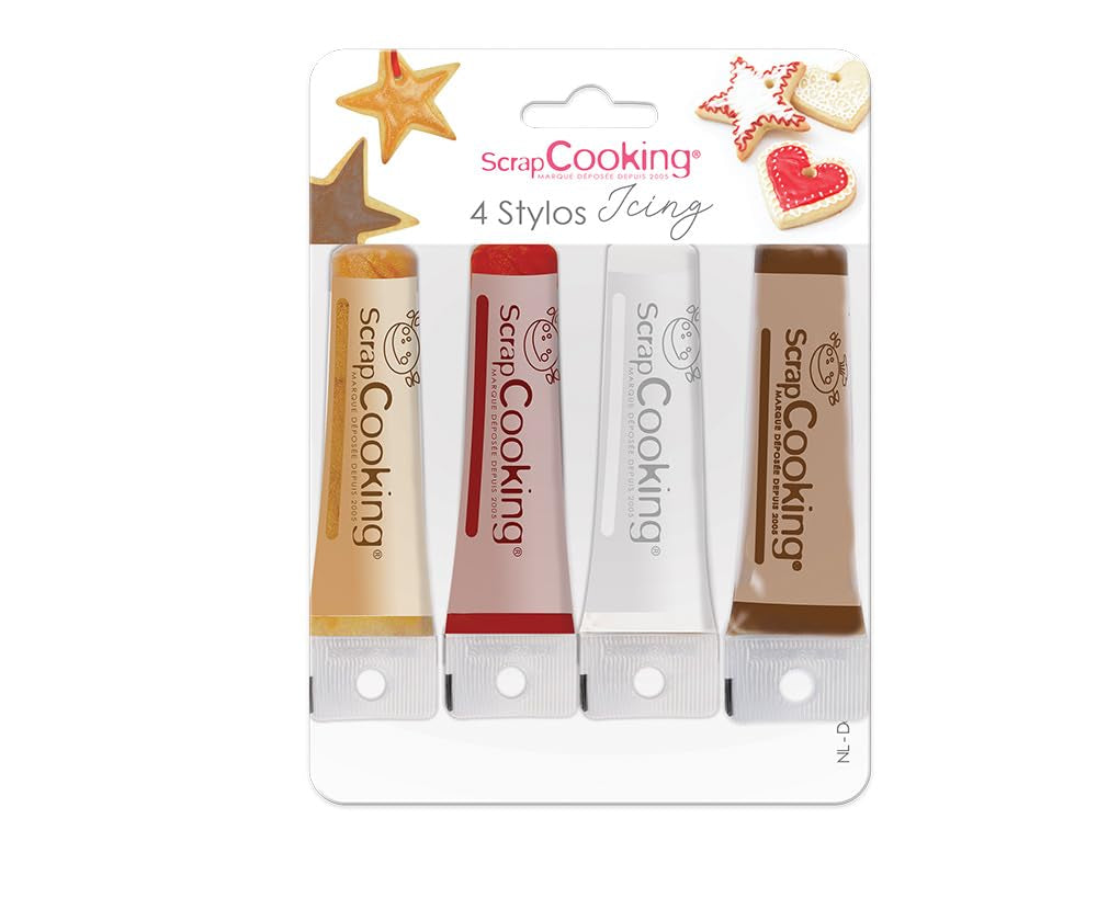 Scrapcooking - 4dílné popisovače: zlaté, čokoládové, bílé a červené - dekorativní jedlá pera pro psaní a kreslení na zákusky, dorty a sušenky