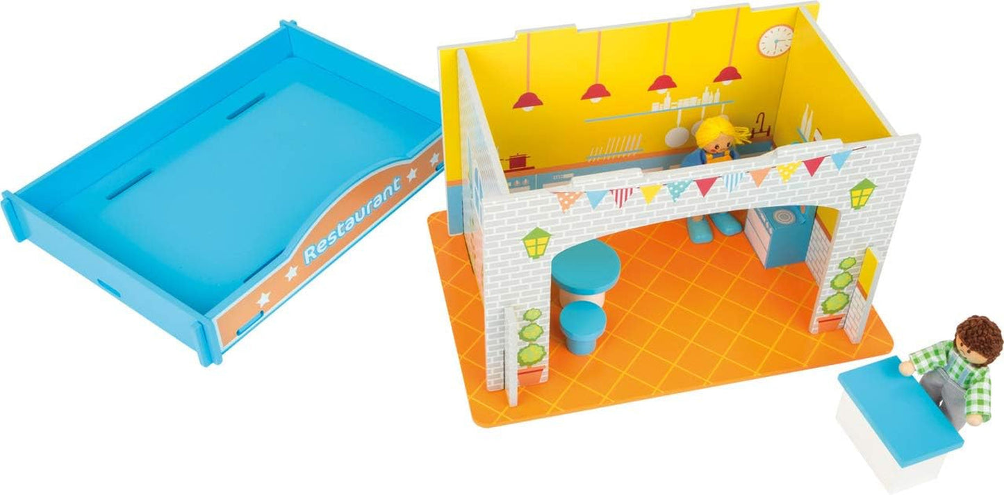 Small Foot 10852 Playhouse Restaurant Vyrobeno ze dřeva, Se 2 figurkami panenek, doplňky a odnímatelnou střechou, Od 3 let Domky pro panenky Naty Shop