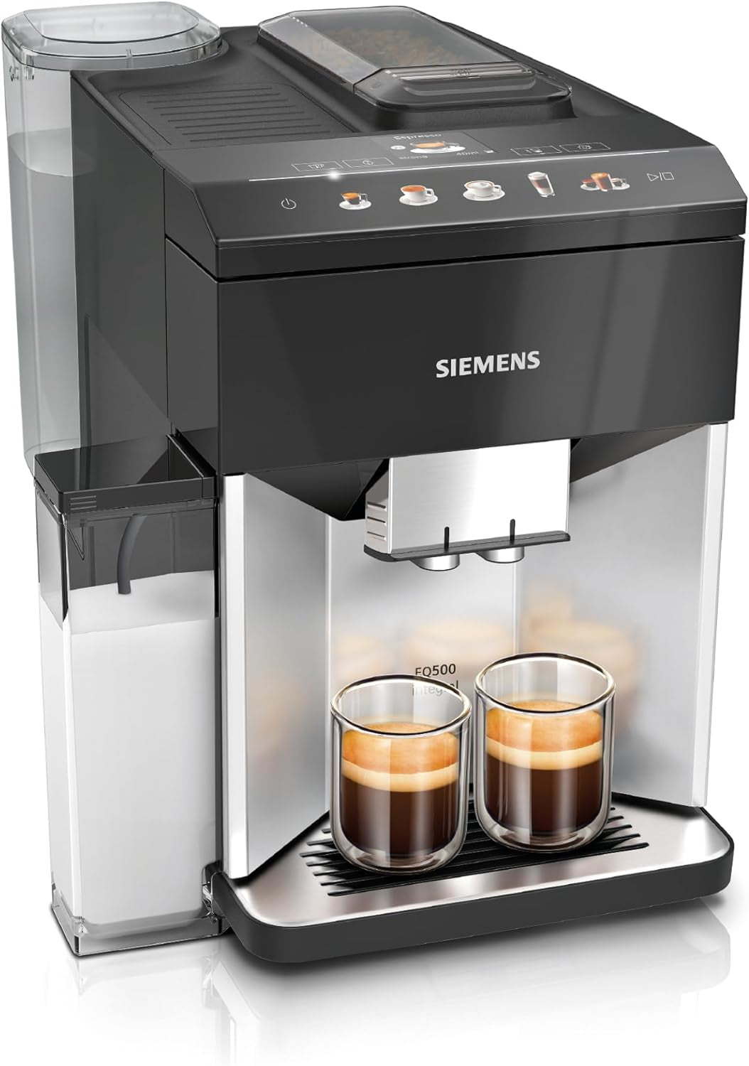Siemens EQ500 plně automatický espresso kávovar TQ513D01, mnoho kávových specialit, napěňovač mléka, integrovaný zásobník na mléko, automatické čištění párou, 1500 W, přírodní světlá stříbrná/klavírní černá