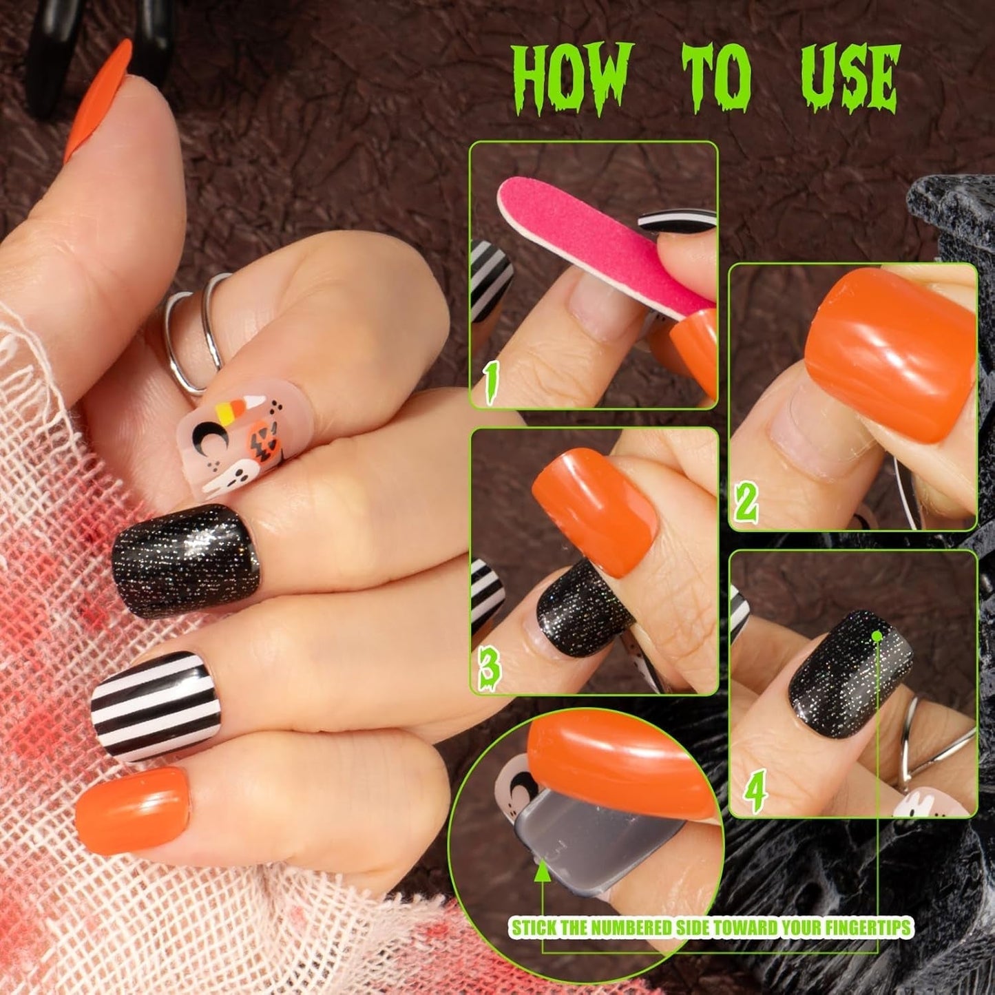 72 ks Halloweenské nehty Samolepící falešné nehty Krátké umělé nehty Samolepící lisované nehty Tipy na umělé nehty Dýňový duch Nail Art Oranžová Zelená Černá