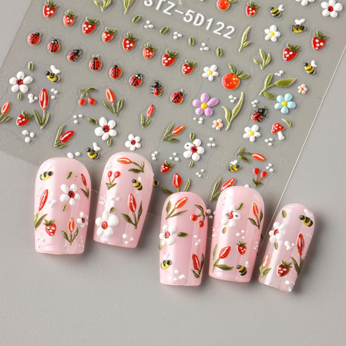 JMEOWIO 3D Nálepka na nehty Blumen Frucht Nálepka na nehty Selbstklebend Nagelaufkleber 5D Stereoskopická dekorace Nageldesign Zubehör 4 Blatt