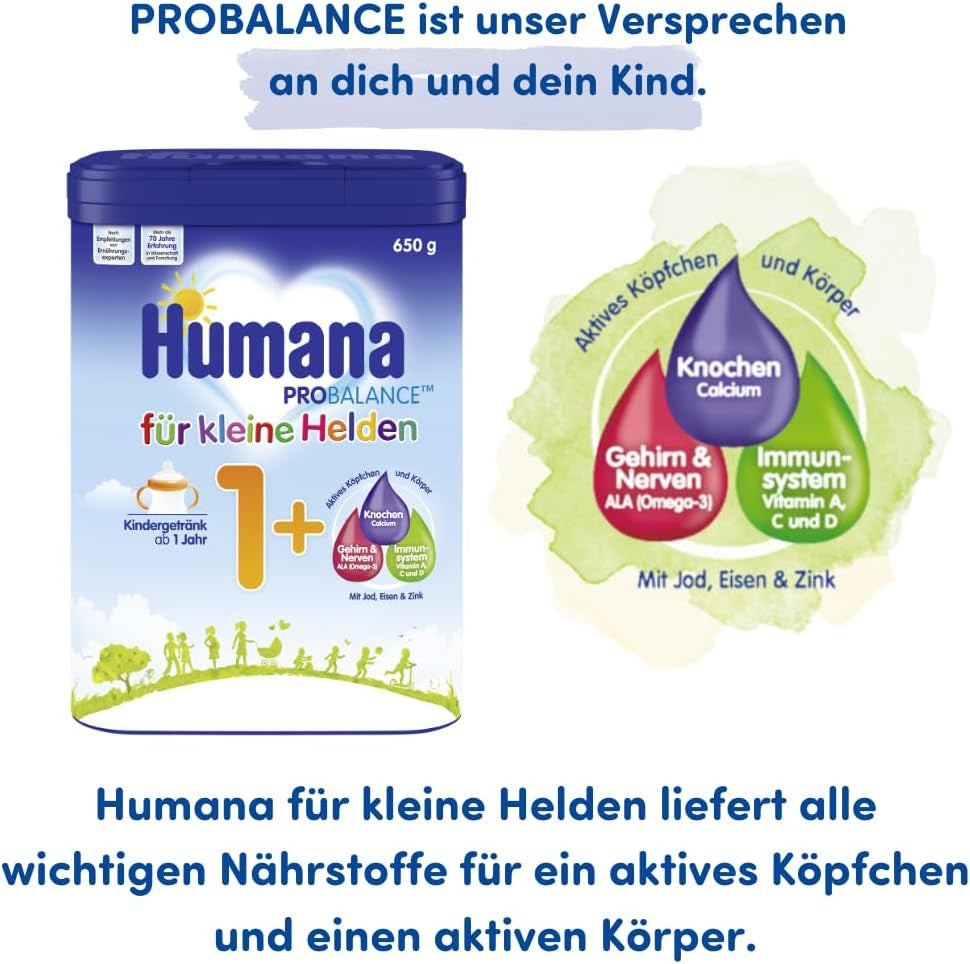 Humana Kindergetränk 1+, ab 1 Jahr, Milchpulver für Kindermilch, nährstoffreiche Milch für Kleinkinder, als gelegentliches Milchgetränk nebo zur Mahlzeit, 650 g