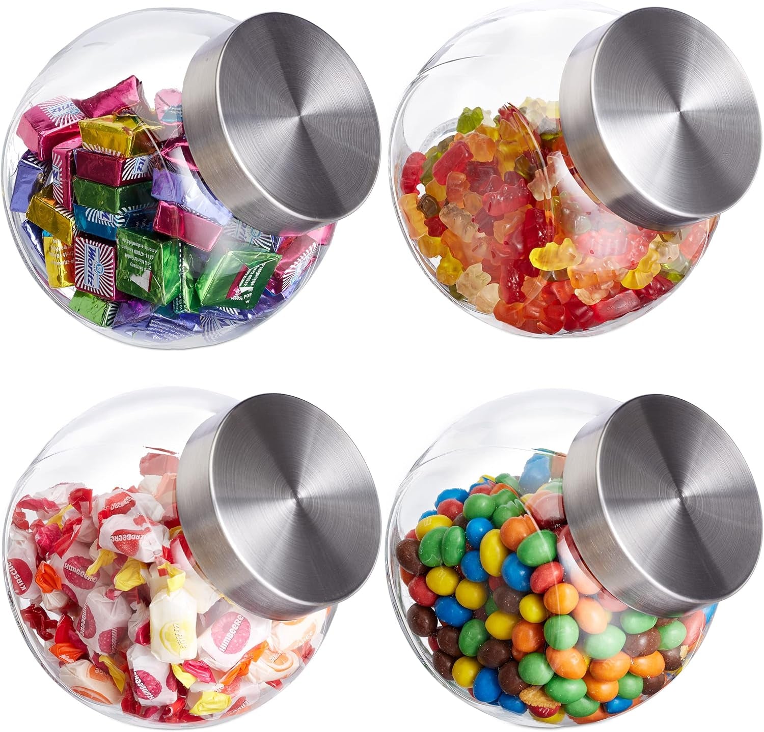 Relaxdays dózy na sladkosti Sada 4 ks 1,5l dózy na sladké potraviny Candy Bar Nerezové víko Průhledné průhledné stříbrné Naty Shop dózy na uskladnění potravin 4