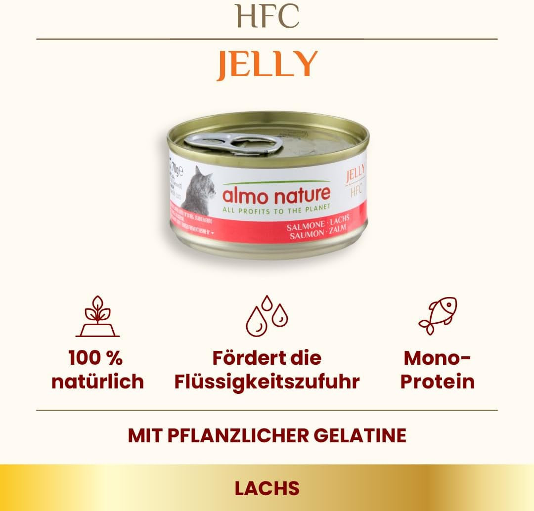 Almo Nature HFC Jelly - Nassfutter für ausgewachsene Katzen - Lachs - Human Grade, Bez lepku a Monoprotein - 6 x 70 g