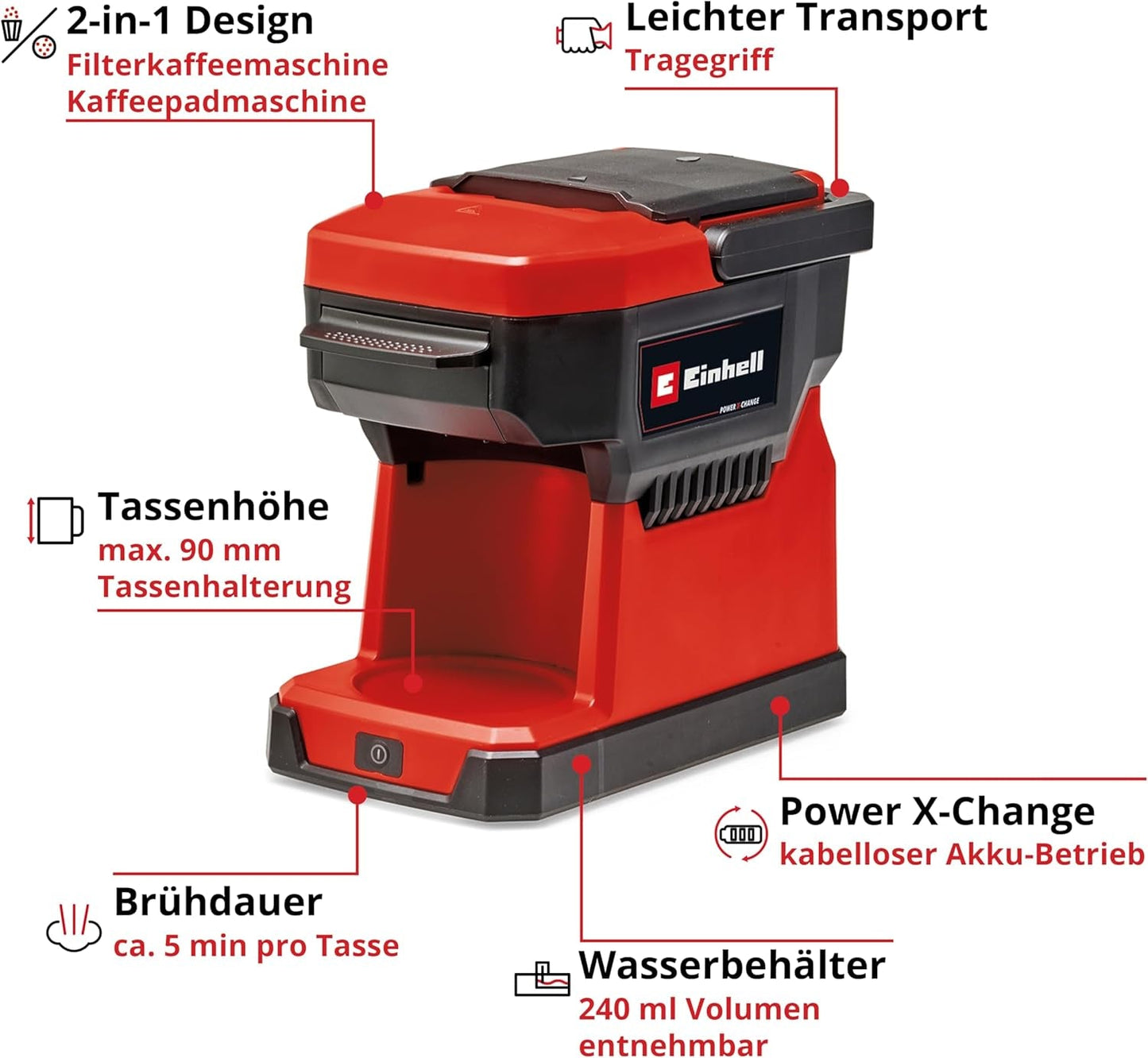 Akumulátorový espresso kávovar Einhell TE-CF 18 Li-Solo Power X-Change (18 V, nádržka na vodu 240 ml, na filtrovanou kávu a kávové kapsle, madlo na přenášení, včetně šálku na kávu s víčkem, bez baterie)