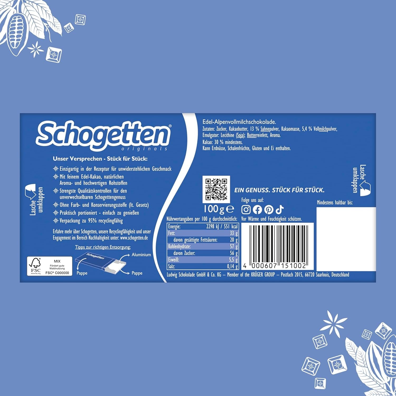 Schogetten Premium tyčinka z alpského mléka, 100g, jednotlivě porcovaná. Potěšení. Kousek po kousku.