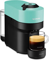 Espresso kávovar s kapslemi Nespresso Krups Vertuo Pop, objem: 560 ml, automatické rozpoznání kapslí, systém jedním dotykem, 4 velikosti šálků, zkrácená doba ohřevu, udržitelný, Aqua Mint, XN9204