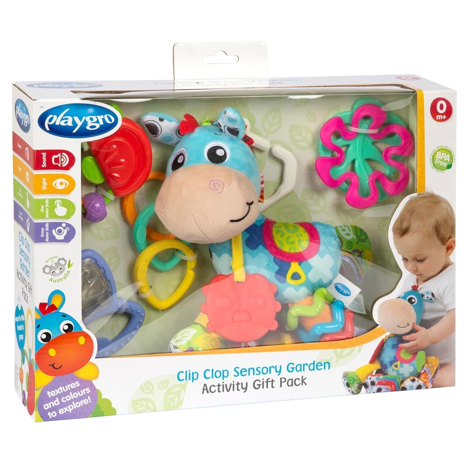 Playgro Clip Clop Dárkový balíček Sensory Garden Activity - Smyslová zahradní hračka pro miminka od 0 měsíců - Interaktivní hračka s chrastítky, kousátkem a kamarádem do kočárku - 4 kusy