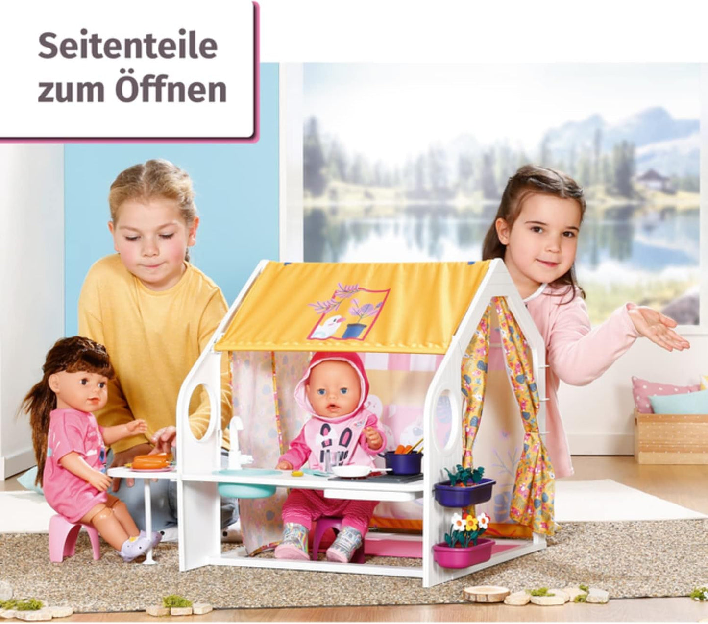 BABY born domeček pro panenky, víkendový domeček se světelnou a zvukovou funkcí, otevírací boční panely, dřez, gril a mnoho doplňků, 832752, Zapf Creation