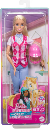 Panenka Barbie Malibu a doplňky z Barbie Mysteries: The Secret Horse Adventure, včetně módní panenky, odnímatelného jezdeckého oblečení a helmy, HXJ38