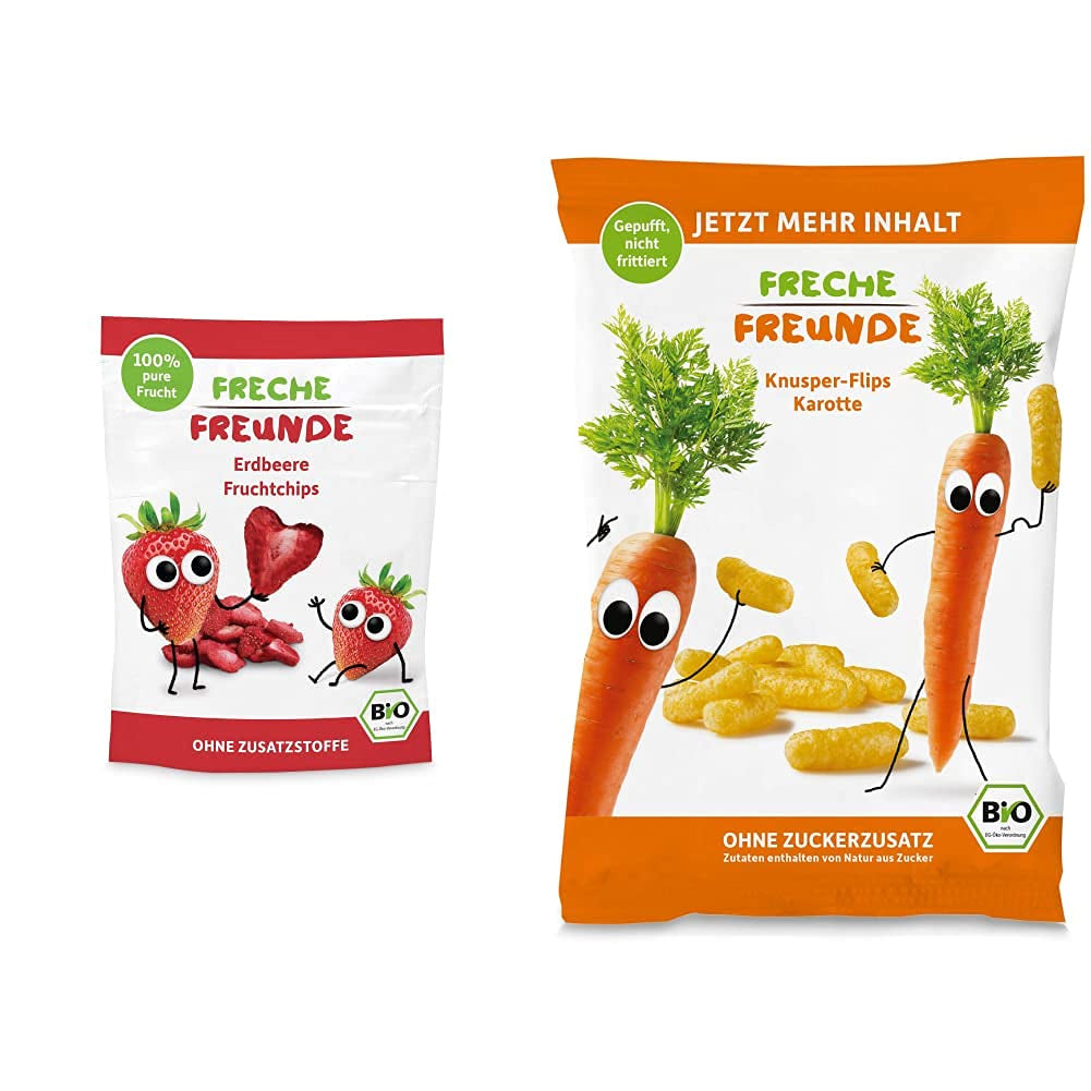 Bio ovocné chipsy "100% jahoda" mrazem sušené jahodové chipsy (12 x 12 g) a nové bio křupavé kukuřičné a mrkvové flips, bio svačina, od 1 roku, (9 x 30 g) 270 g