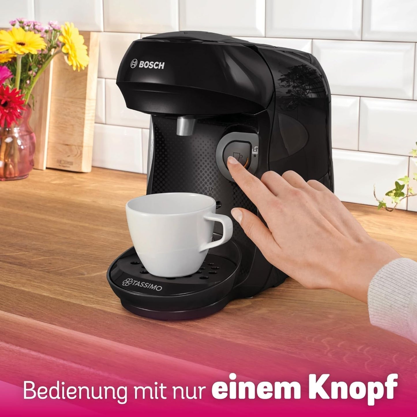 Bosch Tassimo Happy Friendly kávovar na kapsle TAS102E, 70+ nápojů, Vhodné pro všechny šálky, Auto-Stop, Trvale udržitelný, Perfektní dávkování, Úspora místa, 1400 W, Černá