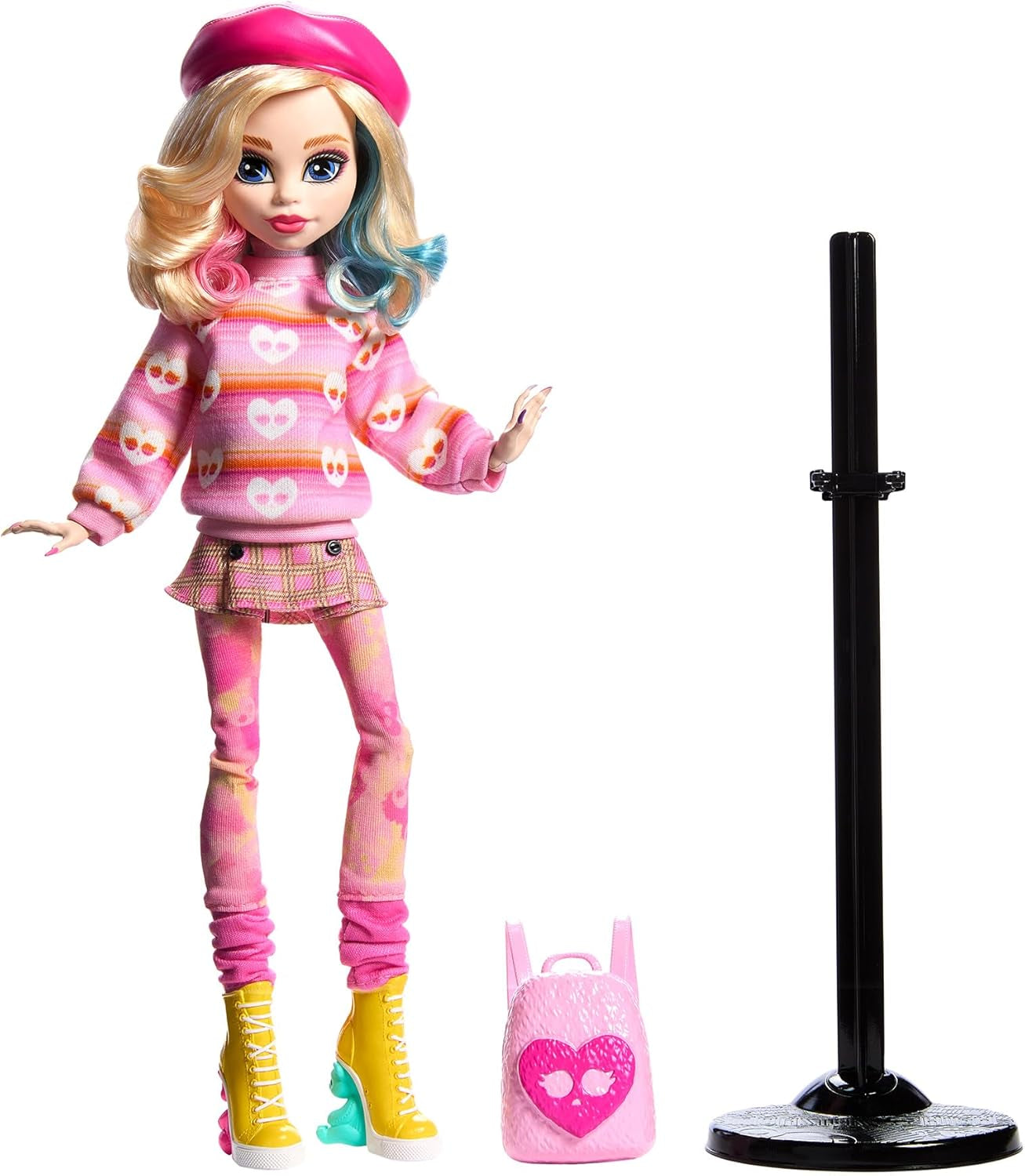 Panenka Monster High Wednesday a doplňky, sběratelská figurka Enid Sinclair v růžové barvě s baretem a batohem, stojan na panenky, panenky HXJ05 Naty Shop
