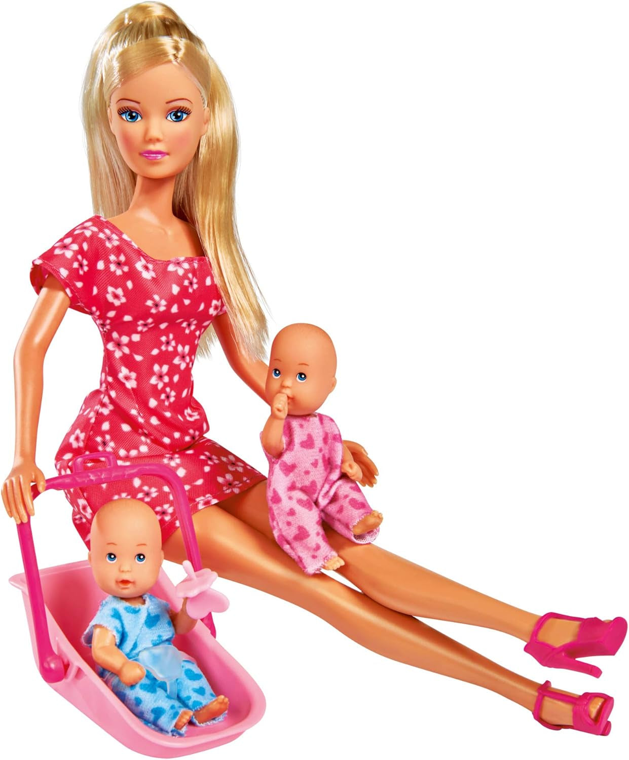 Simba 105730211 - Steffi Love Nanny, se dvěma miminky, nosičem a autosedačkou, doplňky, převlékací panenka, 29 cm, pro děti od 3 let