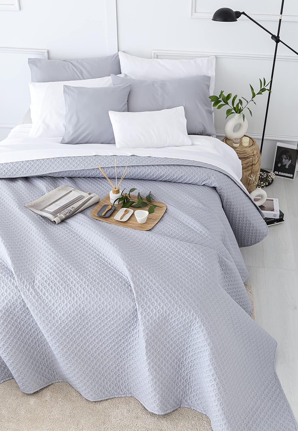 Přehoz Todocama Fine Boutique se vzorem piké, na jaro, léto, podzim a zimu, 100% super měkké mikrovlákno, multifunkční deka, 140/150/160-250 X 260 cm, světle šedá Postele a přikrývky Beuche den Todocama-Store