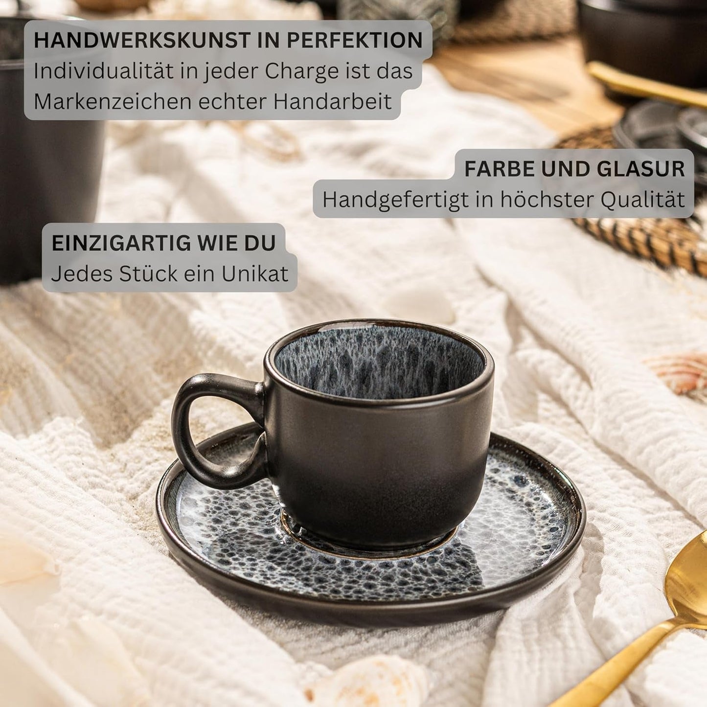 SANGER Sydney | Keramický šálek na espresso sada 12 ks, sada mocha šálků pro 6 ks, šálky a podšálky, vhodné do myčky a mikrovlnné trouby, tmavě šedá, 80 ml | SBÍRKA HODNOT