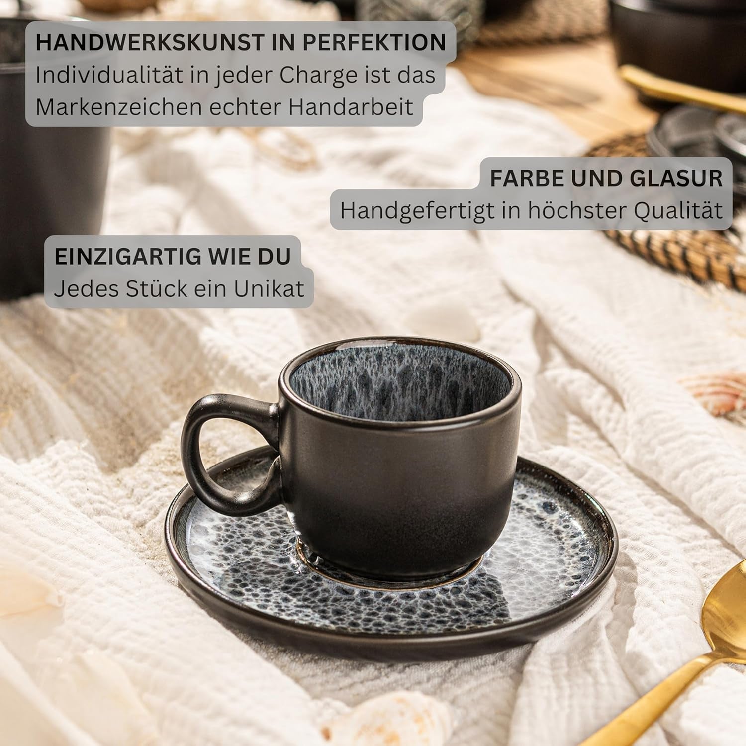 SANGER Sydney | Keramický šálek na espresso sada 12 ks, sada mocha šálků pro 6 ks, šálky a podšálky, vhodné do myčky a mikrovlnné trouby, tmavě šedá, 80 ml | SBÍRKA HODNOT