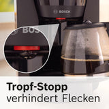 Espresso kávovar Bosch MyMoment TKA2M113 s filtrem, 1,25 l skleněná karafa, 10–15 šálků, funkce udržování teploty 40 minut, systém proti odkapávání, otočný držák filtru, odnímatelná nádrž na vodu, 1200 W, matná černá