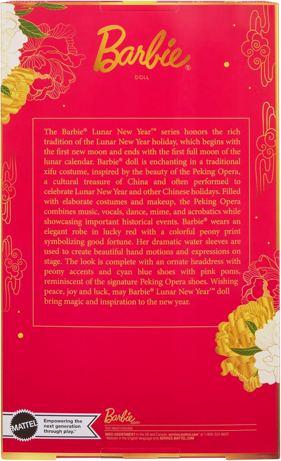 BARBIE Lunar New Year Barbie Puppe - Traditionelles Dreid in glücksbringendem Rot mit Pfingstrosen muster, azurově modrá Schuhe s růžovým třpytem, ​​inspiriert von der Peking-Oper, HRM57