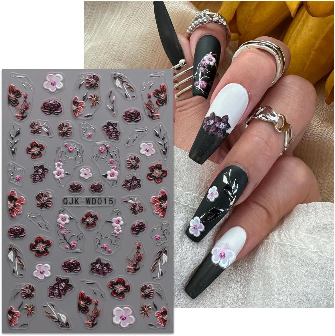 JMEOWIO Nálepka na nehty Schwarz Weiße Blume 6 Blatt Nálepka na nehty Selbtklebend Nagelaufkleber Frühling Letní květinová dekorace Nageldesign Zubehör