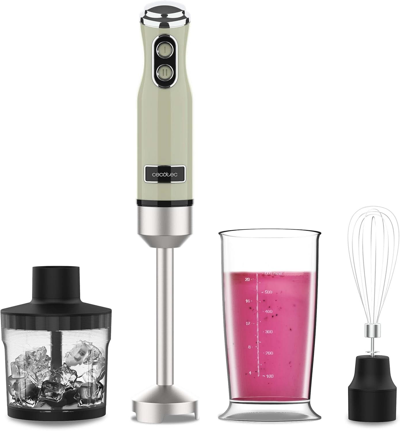 Cecotec Stabmixer Power Retrogreen 1200MAX Cream&Crush, Maximalleistung 1200 W, Crossblades-Technology, 2 rychlosti, Zubehörset Spülmaschinenfest, Spritzschutzhaube Kitchen Naty Shop