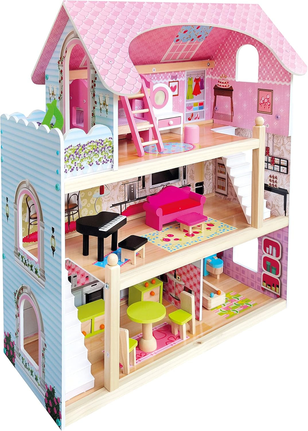 Bino World of Toys Domeček pro panenky s balkonem, Hračka pro batolata od 3 let, se 3 patry, schodištěm, 4 pokoji a balkonem vč. 15-TLG. Doplňky, Pro podporu dětských dovedností, Růžový design domečků pro panenky Naty Shop