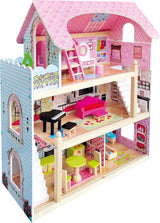 Bino World of Toys Domeček pro panenky s balkonem, Hračka pro batolata od 3 let, se 3 patry, schodištěm, 4 pokoji a balkonem vč. 15-TLG. Doplňky, Pro podporu dětských dovedností, Růžový design domečků pro panenky Naty Shop