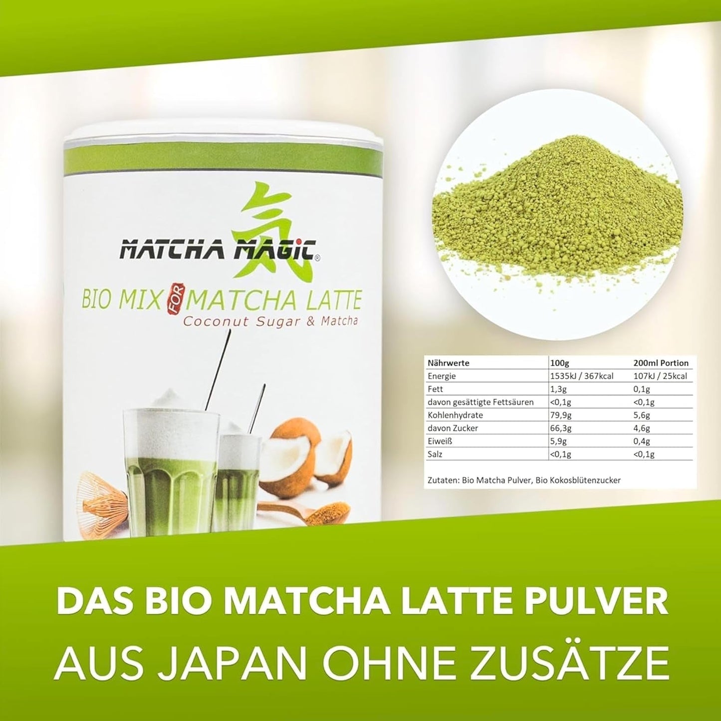 Matchamagic - Bio prášek matcha latte z Japonska s cukrem z kokosových květů pro lahodný čaj