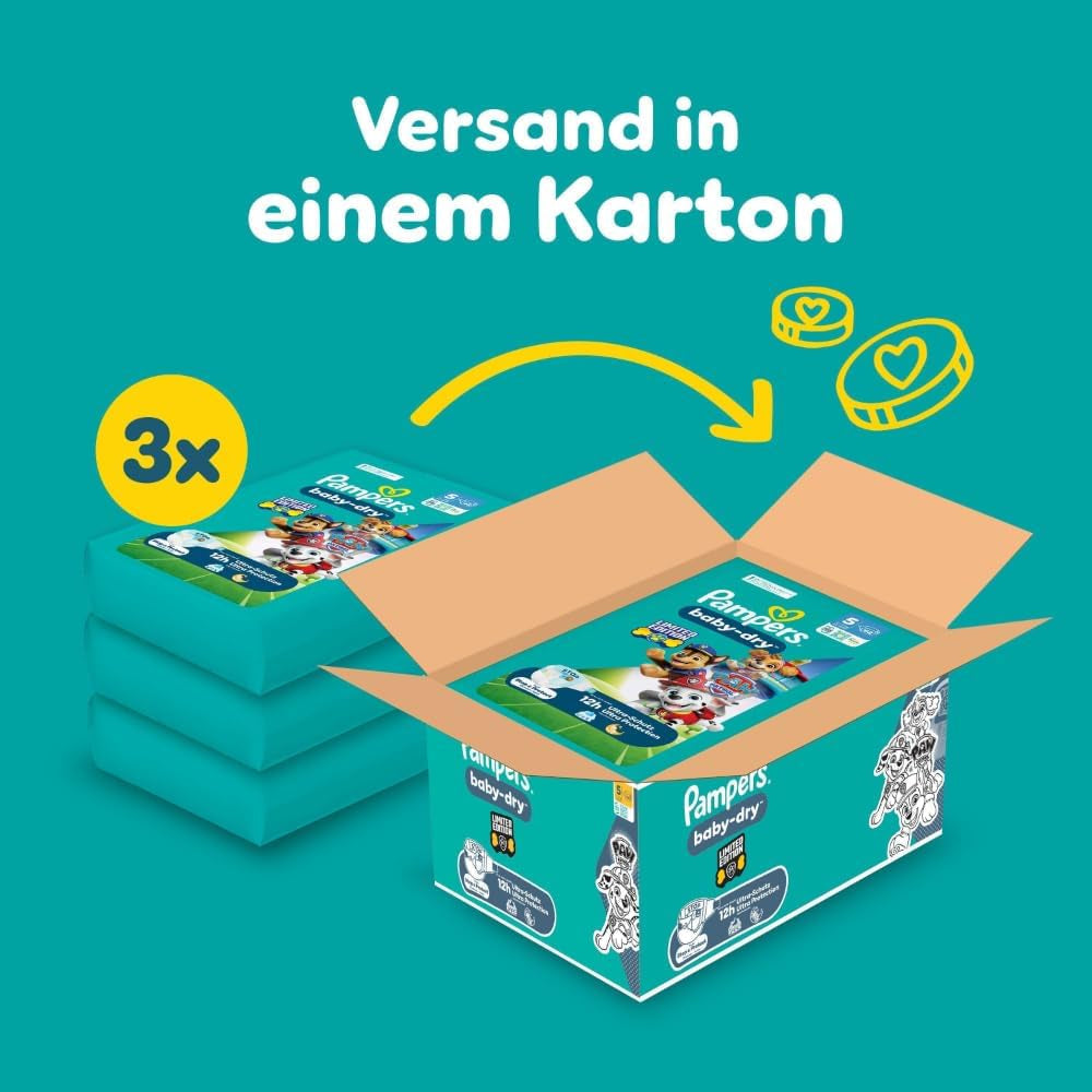 Plenky Pampers Baby-Dry Puppy Patrol Edition, velikost 5, 186 plen, 11 kg - 16 kg, až 100% ochrana proti vytečení a celonoční pohodlí