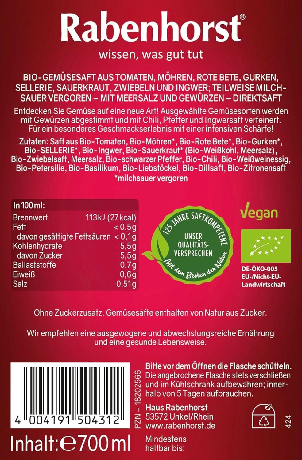 RABENHORST (6 x 700 ml) - Vysoce kvalitní zeleninová šťáva z různých druhů zeleniny s intenzivní kořenitou chutí Nealkoholické nápoje Naty Shop