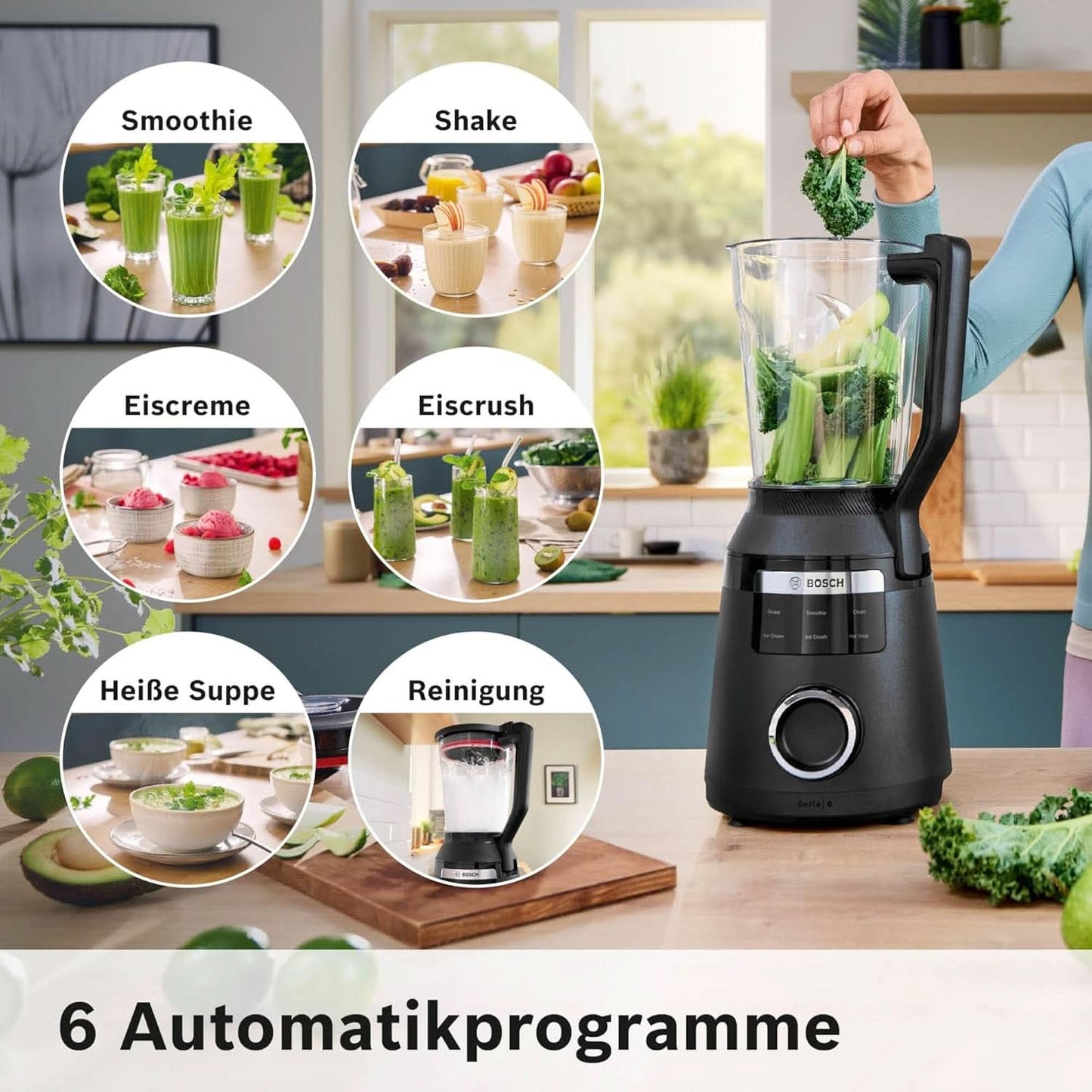 Vysokorychlostní stojanový mixér Vitapower Serie 6 MMBD665B1, 45 000 U/min, 6 programů Inkl Heiße Suppe & Reinigung, 2 L Mixbehälter, Stopfer, Spülmaschinenfeste Teile, Made in Europe, 1800 W, Schwarz Kitchen Naty Shop