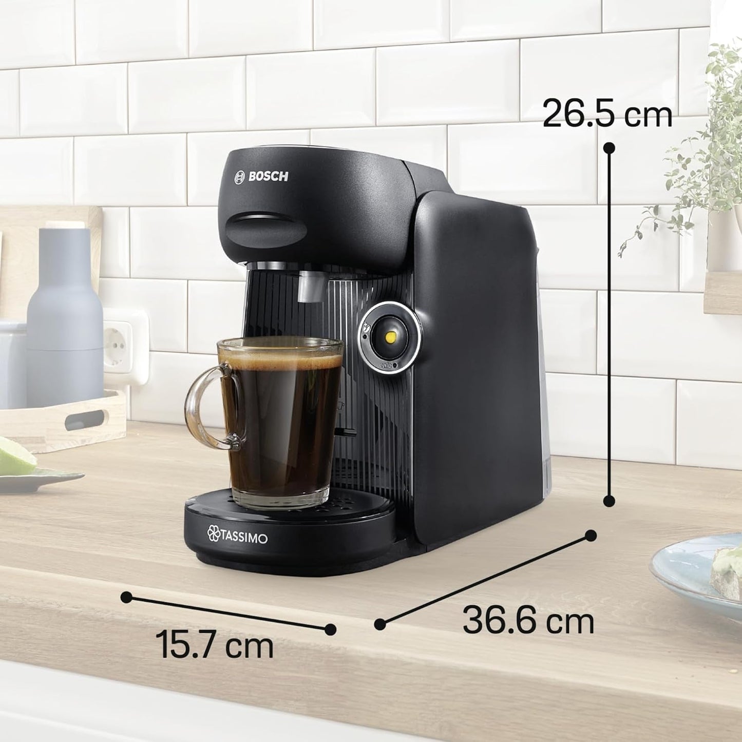 Bosch Tassimo finesse espresso na kapsle TAS162E, 70 nápojů, intenzivnější káva stisknutím tlačítka, automatické vypínání, udržitelné, perfektní dávkování, 1400 W, černá/černá