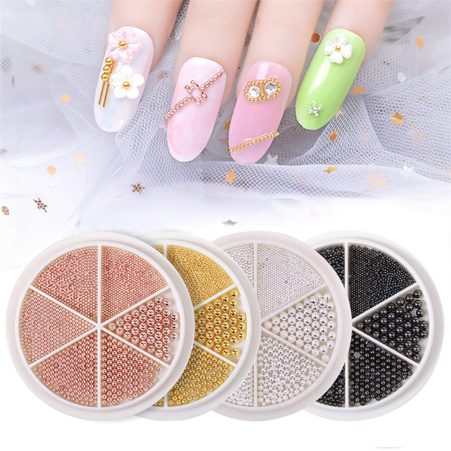 GZMAYUEN Nail Art Perlen Micro Caviar Für Nägel, 0,3-3 mm Goldene Silber Mini Caviar Strasssteine, Weiß Béžový Mini Nägel Perlen Mikroperlen Dekor Für Nägel