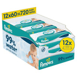 Pampers 99% vodní dětské ubrousky, 12 balení po 60 ubrouscích = 720 dětských ubrousků, lehké mléko 99% voda