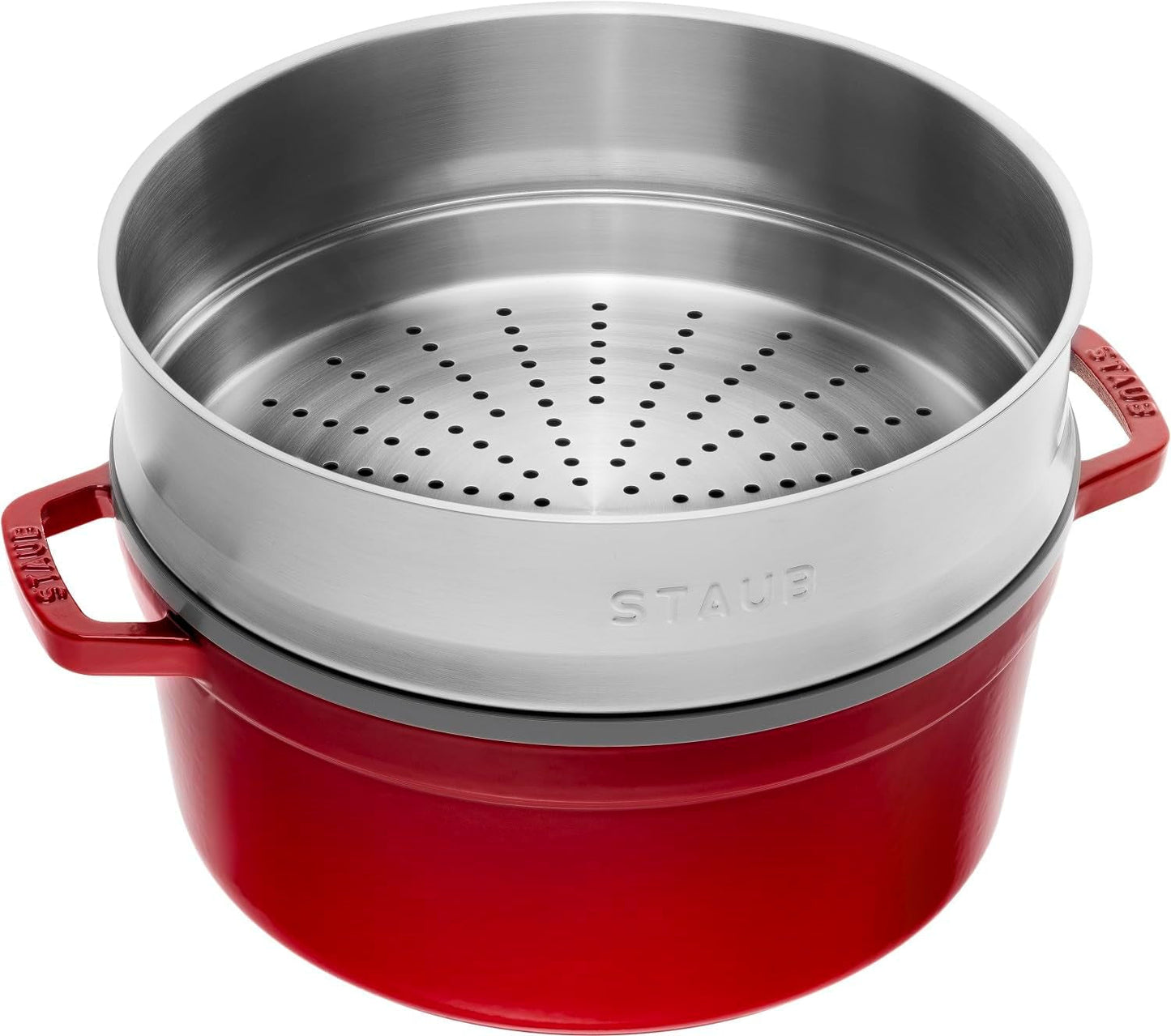 STAUB Gusseisen Bräter/Cocotte, Mit Dämpfeinsatz Aus Edelstahl, Rund 26 Cm, 5,2 L, Aromaregen Funktion Für Optimale Befeuchtung, Für Alle Herdarten Inkl. Induktion & Backofen, Kirschrot, Rot Formy a plechy na pečení Naty Shop