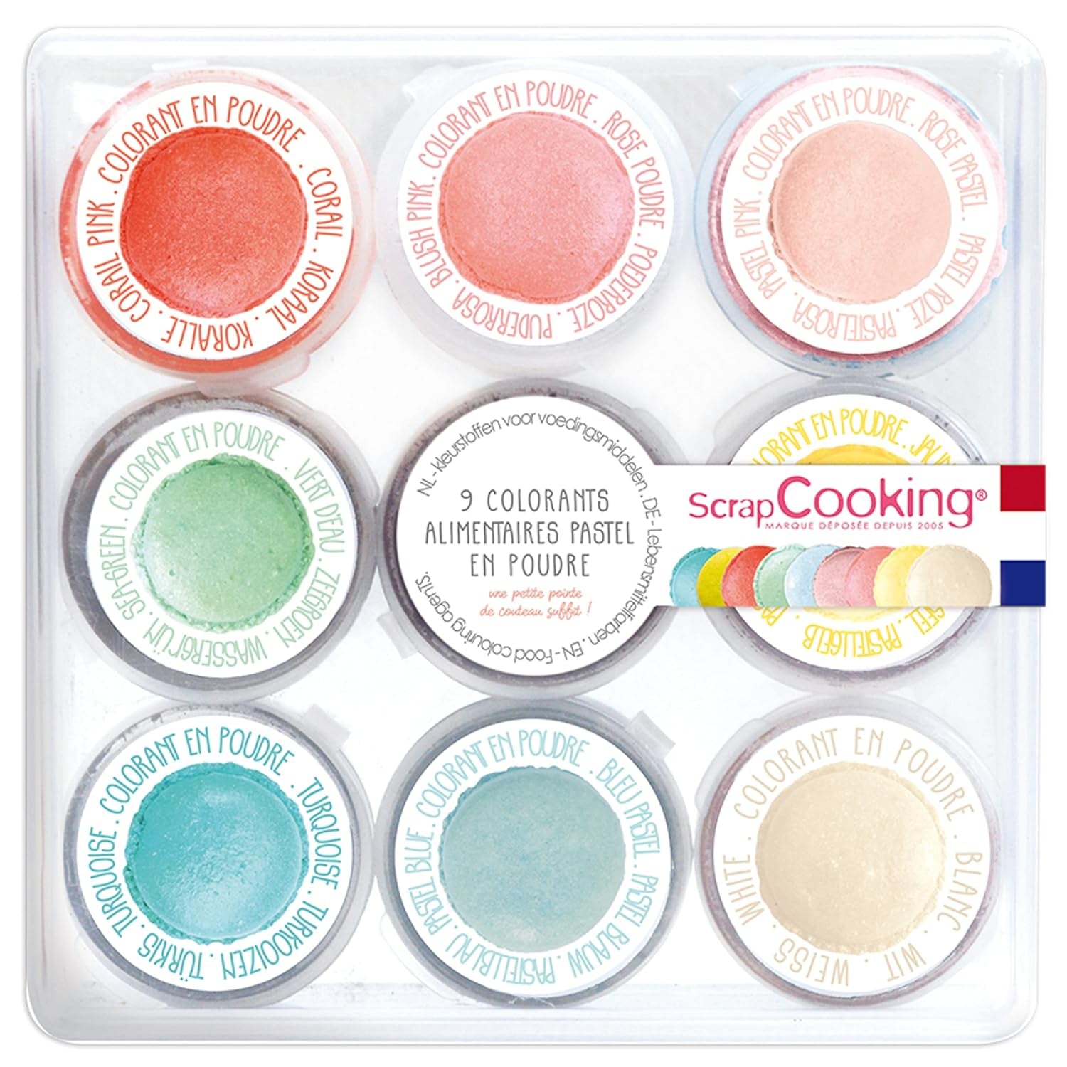 Scrapcooking - Sada 9 pastelových potravinářských barviv - Modrá, Žlutá, Korálová, Růžová, Tyrkysová, Limetkově zelená, Bílá, Aqua zelená, Powder Pink - Jedlé barvivo v prášku na dorty, muffiny, macarony - 4272